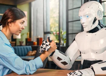 Mulher disputando queda de braço com um robô em um restaurante, simbolizando a presença da Inteligência Artificial no setor de food service.