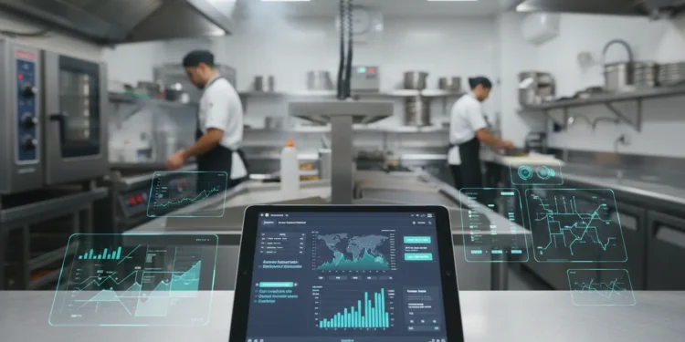 Cozinha de dark kitchen no Brasil com dispositivos digitais e cozinheiros em operação, destacando a importância site food service