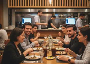 Fotografia de restaurante brasileiro moderno com clientes, equipe e tecnologia integrada, evidenciando sucesso e humanização