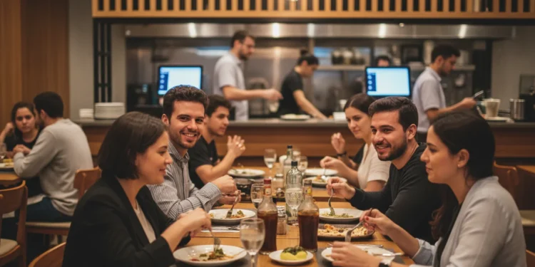 Fotografia de restaurante brasileiro moderno com clientes, equipe e tecnologia integrada, evidenciando sucesso e humanização