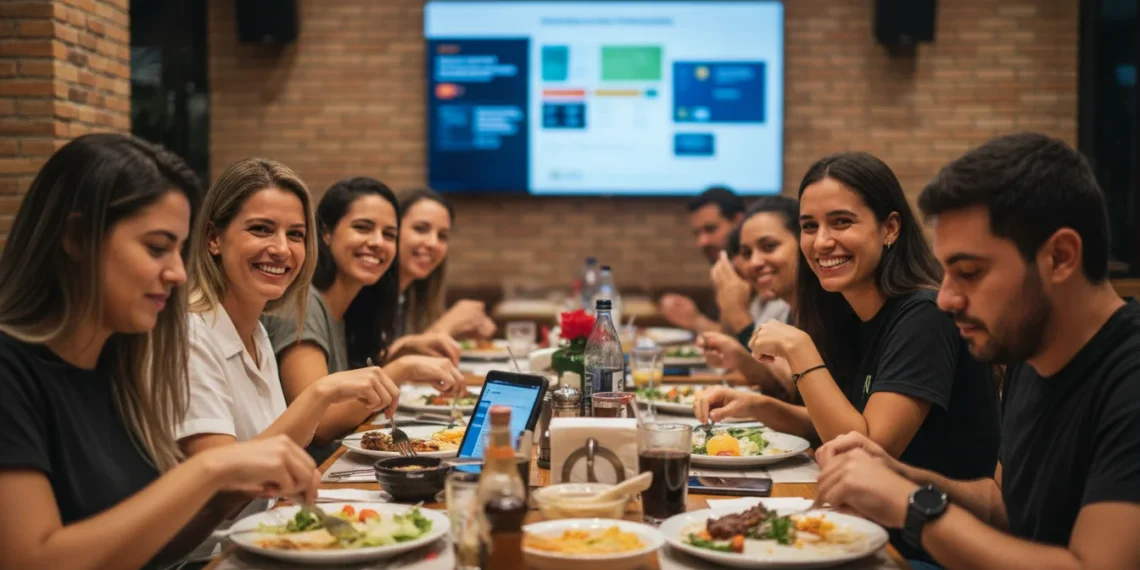 Foto de restaurante brasileiro movimentado com clientes sorridentes, dispositivos digitais e campanha de marketing digital em fundo desfocado.