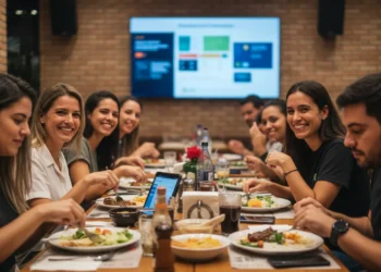 Foto de restaurante brasileiro movimentado com clientes sorridentes, dispositivos digitais e campanha de marketing digital em fundo desfocado.