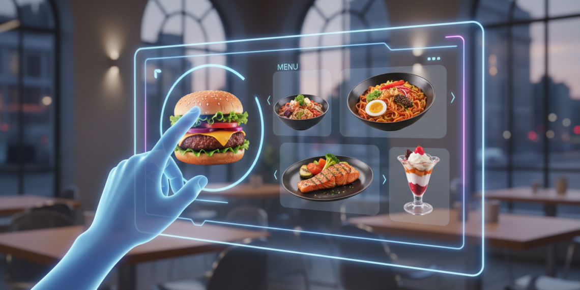 Uma interface de cardápio digital moderno e vibrante em um tablet, ilustrando dicas eficazes sobre como otimizar o cardápio digital para restaurantes e lanchonetes.