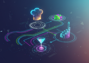 Uma representação visual moderna e dinâmica de estratégias de marketing digital para food service, com elementos tecnológicos e gastronômicos se conectando para simbolizar o sucesso de restaurantes, bares e lanchonetes na era digital.