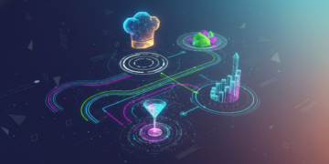 Uma representação visual moderna e dinâmica de estratégias de marketing digital para food service, com elementos tecnológicos e gastronômicos se conectando para simbolizar o sucesso de restaurantes, bares e lanchonetes na era digital.