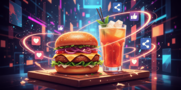 Ilustração vibrante de um prato apetitoso cercado por ícones de redes sociais, simbolizando o engajamento digital para as melhores redes sociais para restaurantes e bares.